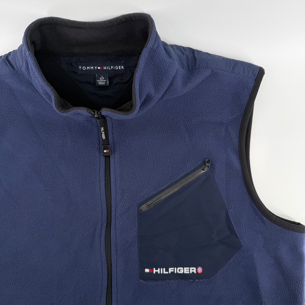 Tommy Hilfiger Mens Fleece Vest Blue Size Large Zip Front Logo Pocket Vintage